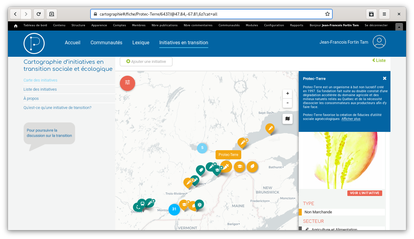 Example page from the Passerelles platform, showing a map of local social economy initiatives